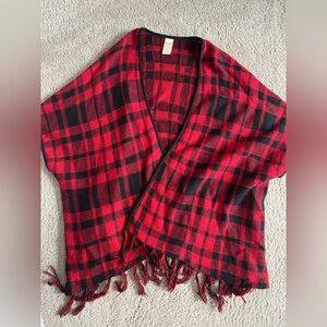 Plaid Fringe Shawl in Red and Black